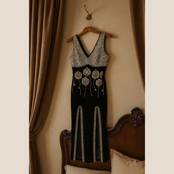 Embellished Black Velvet Gown w/ Floral Gemstones – Statement Dress (Small) - Picture 4 of 8